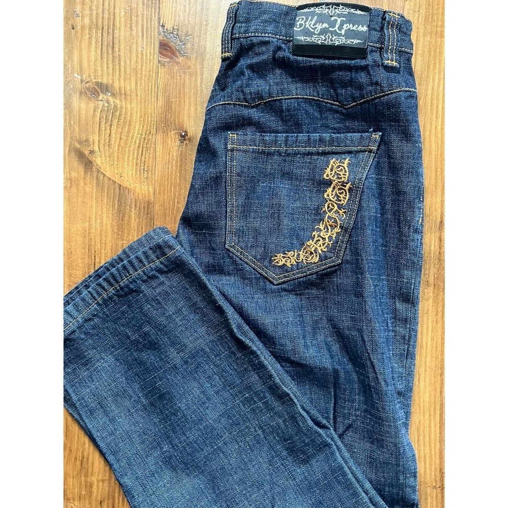 Brooklyn Xpress Mens Dark Wash Embroidered Straight Leg Denim Jeans W34 L34 - Picture 8 of 8